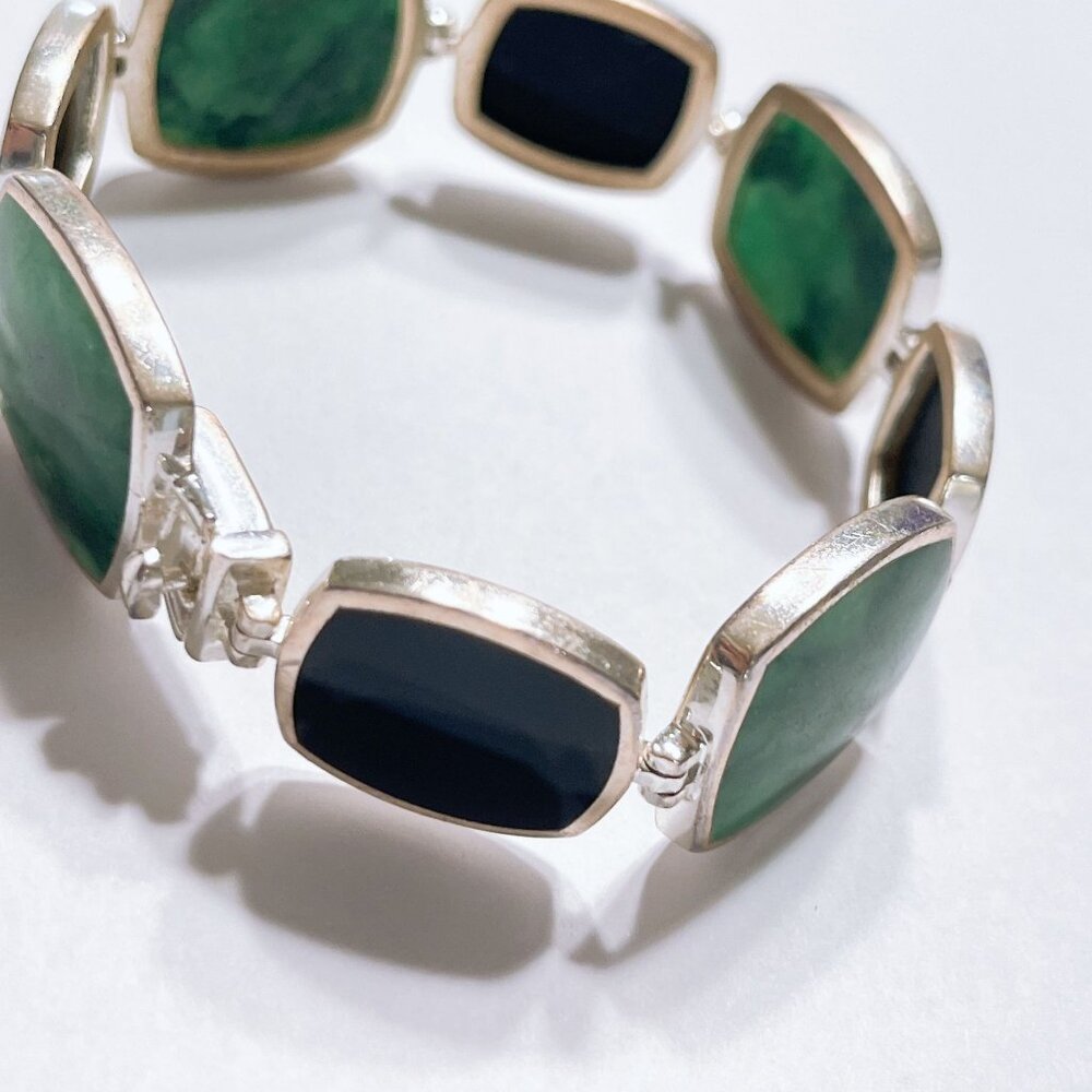 Sterling Silver Green & Black Stone Link Bracelet - Picture 1 of 9